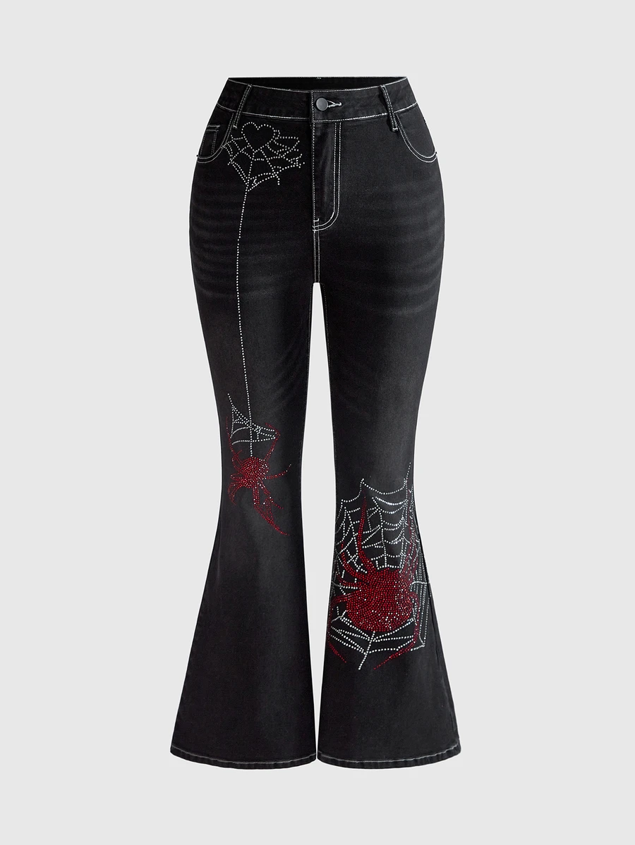 ROMWE Vintage Dark Gothic Spider Web Pattern Rhinestone Embellished Plus Size Denim Jeans - Black - View 1
