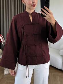 Modelyn Plus Size Loose Fit Two-Tone Plain Fabric Shirt With Front Button Design, Casual Style, Suitable For Spring And Autumn Daily Wear - Burgundy - View 5