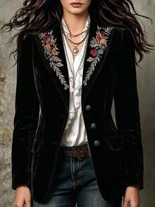 INAWLY Women's Floral Embroidered Pattern Casual Daily Long Sleeve Jacket - Brown - View 5