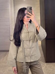 Modelyn Plus Size Loose Fit Two-Tone Plain Fabric Shirt With Front Button Design, Casual Style, Suitable For Spring And Autumn Daily Wear - Apricot - View 1