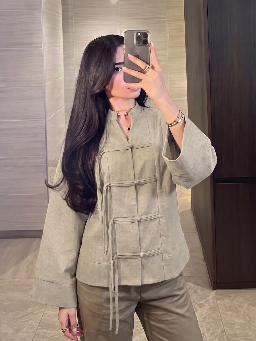 Modelyn Plus Size Loose Fit Two-Tone Plain Fabric Shirt With Front Button Design, Casual Style, Suitable For Spring And Autumn Daily Wear - Apricot - View 1