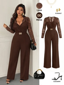 Femmeverse Plus Size Women's Fashion Sexy V-Neck Lace Patchwork Solid Color Jumpsuit Fall - Coffee Brown - View 1