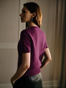 MOTF PREMIUM WOMEN'S RHINESTONE DECORATED SHORT SLEEVE KNIT TOP - Red Violet - View 3