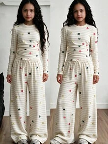 SHEIN Setelan Atasan 2 Potong untuk Anak Perempuan Remaja Musim Gugur, Kasual, Rajut, Kembali ke Sekolah, Vintage, Ramping, Pakaian Musim Gugur, Musim Gugur, Pakaian Liburan - Putih - View 1