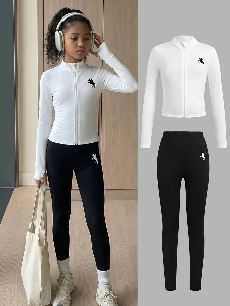 SHEIN Tween Girl Tween Girl Knight Print Zip-Up White Jacket And Black Leggings Sports Matching 2Pcs Set - Black and White - View 1