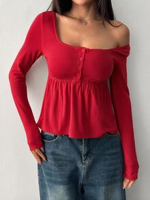 SHEIN EZwear 女款軍綠色前扣長袖休閒襯衫，適合秋冬 - 紅色 - 查看 4