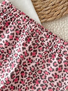 SHEIN 新生兒嬰兒秋冬款圓領粉色豹紋蝴蝶結設計白色荷葉邊長袖連身衣搭配粉色豹紋長褲，可愛休閒舒適風格，適合室內/戶外活動 - 粉色 - 查看 9