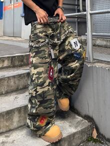 STEELVANCE 街頭風復古時尚百搭拼接鉚釘刺繡設計寬鬆直筒寬腿休閒日常大尺碼牛仔褲（不含腰帶與配件） - 軍綠色 - 查看 5