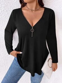 EMERY ROSE Plus Size Women's T-Shirt, Elegant Sexy Casual Minimalist Commuter Versatile Fashion V-Neck Zipper Design Spring/Autumn Long Sleeve - Black - View 4