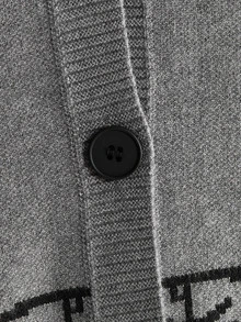ROMWE Dark Gothic Style Plus Size Knit Cardigan, Skull Black Cat Cross Jacquard, Distressed Design, V-Neck Long Sleeve Sweater Cardigan, Women Fall Winter - Grey - View 3