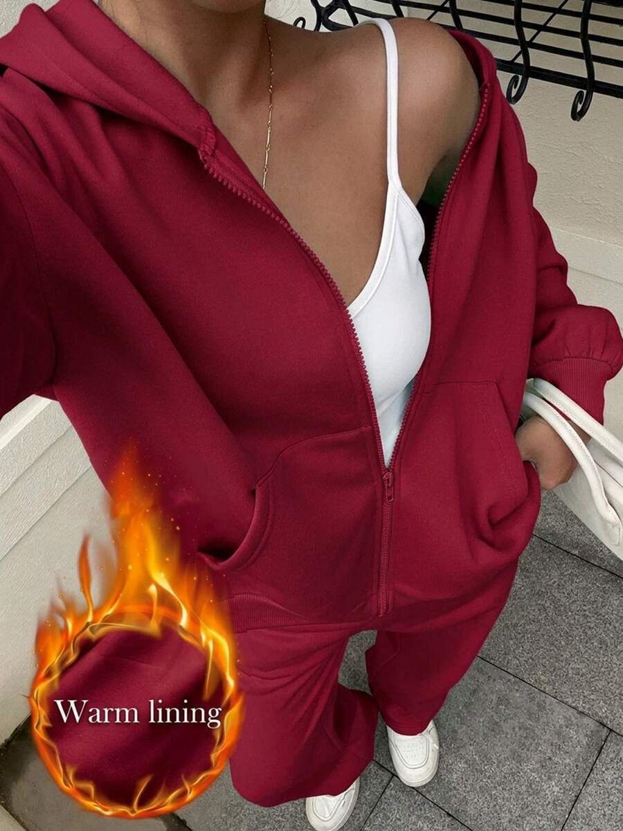 SHEIN EZwear 薄荷綠針織連帽衛衣運動褲兩件套 女款 旅行 秋季 休閒 運動休閒 日常 外出 - 酒紅色 - 查看 1