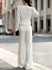 SHEIN Women's Double-Breasted Long Sleeve Top And Pants Casual Daily 2 Pieces Set - White - View 2
