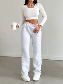 SHEIN Plus Size Women's Solid Color Elastic Waist Jogger Pants - Light Grey - View 4