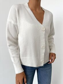 SHEIN Women's Plus Size Drop Shoulder Button Front Casual Solid Color Cardigan - White - View 4