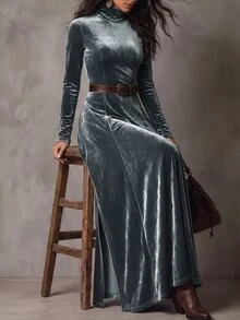 LUMIGAL 女款圓領收腰開衩下擺棕色仿麂皮波希米亞風洋裝，優雅通勤風，適合春秋穿著 - 灰色 - 查看 8
