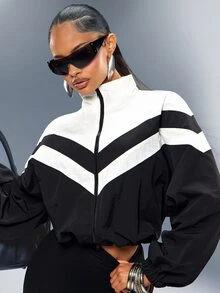 Denimoi Kort nylonjacka med färgblock, dragkedja fram och hög krage, moderiktig streetwear för avslappnad stil i kallt väder - Svart och Vitt - Visa 5