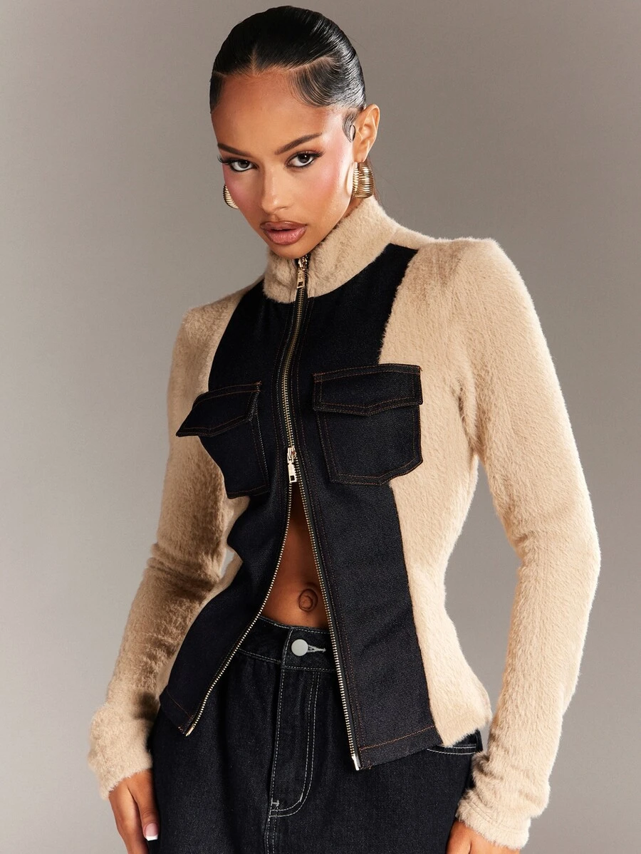 Denimoi Denim Effect Effect And Knit Patchwork Zip-Up Slim-Fit Jacket Stylish High-Neck Après-Ski Style Two-Way Zipper Decorative Pockets Outerwear Streetwear - Khaki - View 1