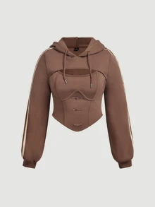 SHEIN MOD Plus Size Women's Brown Napoleon Buttons Faux Two-Piece Sweatshirt Colorblock Casual Everyday Sweatshirt Festival Concert Fall/Winter - Brown - View 2