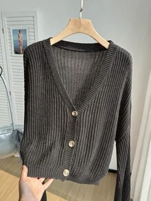 SHEIN EZwear 大尺碼休閒傳統寬鬆純色鈕扣開襟羅紋針織開襟衫，秋冬正式畢業度假棕色 - 深灰色 - 查看 4