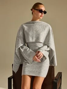 CLARA VERO Scarf Detail Knit Mini Dress, Slim Fit, Art Event Or Autumn Street, Crew Neck, Detachable Scarf - Light Grey - View 1
