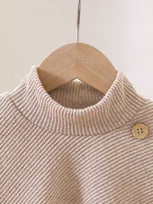 SHEIN (Young Girl) 春/秋/冬休閒T恤套裝，設計感不對稱套頭高領針織羅紋磨毛布料，前下擺咖啡色鈕扣裝飾，米色純色長袖T恤上衣搭配喇叭長褲，2件套適合春/秋/冬返校季，優雅淑女風高端日常校園、出遊、旅行、派對穿著 - 卡其色 - 查看 7