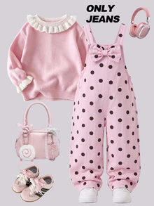 SHEIN Genkimix Kids 女童牛仔吊帶褲，四季新款，時尚甜酷復古設計，粉色底色配黑色波點印花，胸前3D大蝴蝶結設計，直筒寬鬆版型，百搭時尚日常穿搭，適合度假與多種場合，四季可穿的女童牛仔吊帶褲 - 粉色 - 查看 7