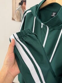 SHEIN EZwear 大尺碼女款休閒側條紋連帽綠色夾克/秋冬款 - 彩色 - 查看 6