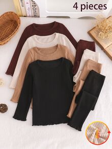 4pcs/Set Girls Casual Fuzzy Ribbed Crew Neck Long Sleeve Soft Base Layer - Multicolor - View 1