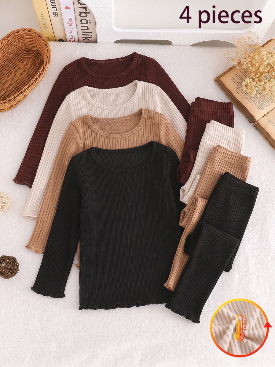 4pcs/Set Girls Casual Fuzzy Ribbed Crew Neck Long Sleeve Soft Base Layer - Multicolor - View 1