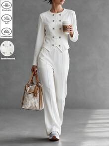 SHEIN Women's Double-Breasted Long Sleeve Top And Pants Casual Daily 2 Pieces Set - White - View 3