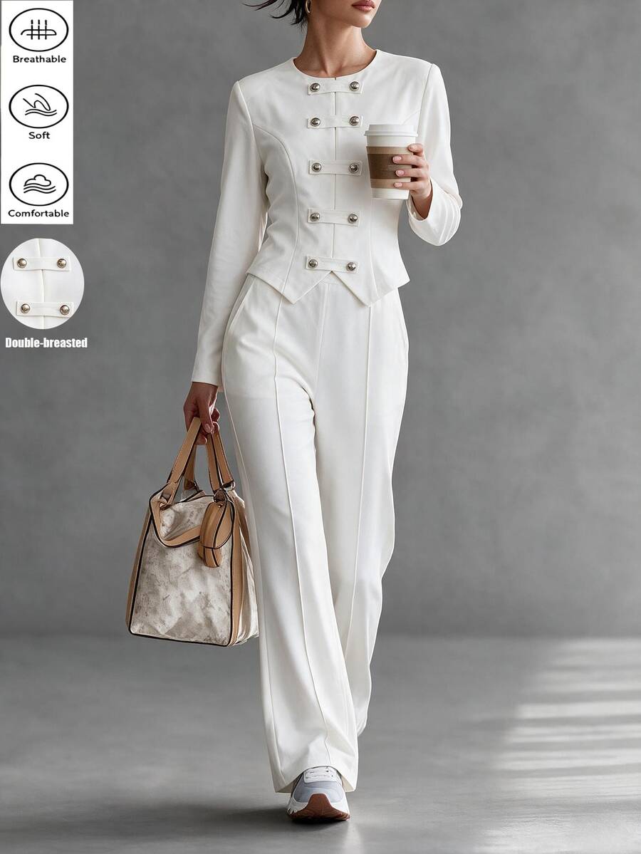 SHEIN 女款雙排扣長袖上衣與長褲休閒日常兩件套 - 白色 - 查看 1