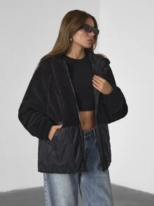SHEIN معطف شتوي كاجوال للنساء ذوات المقاسات الكبيرة، نصف من الصوف القطبي ونصف مبطن، جودة عالية، لون موحد - الأسود - مشاهدة 4