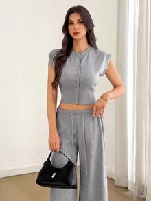 SHEIN Tall 素色短版針織背心與寬腿針織長褲套裝，卡其色，適合早午餐、秋冬休閒，高個女性適用 - 灰色 - 查看 4