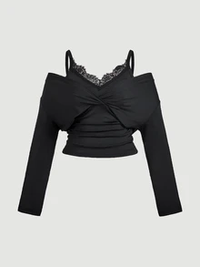 SHEIN MOD Plus Size Women's Lace Patchwork Pleated Casual Daily T-Shirt - Black - View 6