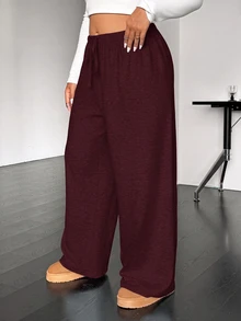 SHEIN EZwear 大尺碼休閒柔軟抽繩腰鬆身長直筒針織長褲 秋季健身正式灰色 - 酒紅色 - 查看 4