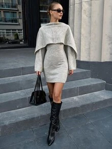 CLARA VERO Scarf Detail Knit Mini Dress, Slim Fit, Art Event Or Autumn Street, Crew Neck, Detachable Scarf - Light Grey - View 8