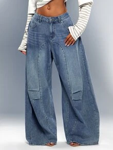 Denimoi Paneled Barrel Jeans Washed Fashion Jeans Fashionable Streetwear Cool Girl Outfits Concert - Medium Wash - View 1