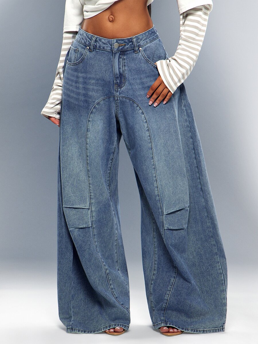 Denimoi Paneled Barrel Jeans Washed Fashion Jeans Fashionable Streetwear Cool Girl Outfits Concert - Medium Wash - View 1