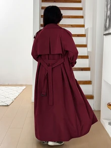 SHEIN EZwear 大尺碼女款純色翻領長袖雙排扣長版風衣外套 春秋辦公室黑色商務休閒優雅 - 酒紅色 - 查看 2