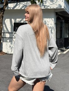 SHEIN EZwear 大尺碼女款純色圓領寬鬆長袖休閒T恤，春夏秋季 - 灰色 - 查看 2