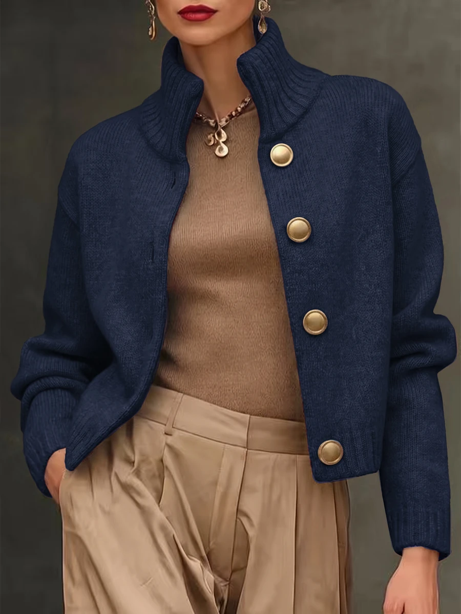 Balvessa Spring Autumn Winter New Women's Sweater Top, Half-High Stand Collar, Metal Button, Dropped Shoulder, Long Sleeve, Ribbed, Short Loose Fit, Single-Breasted Cardigan - Navy Blue - View 1