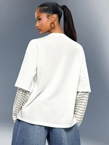 Denimoi Faux Layered Oversized Tshirt Fashionable Streetwear Tshirts Cold Weather Layering Cool Girl - White - View 2
