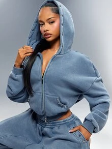 Denimoi Washed Studded Two Way Zip Hoodie Washed Sweatshirt Fashionable Streetwear Lounge Cozy Airport - Blue - View 2
