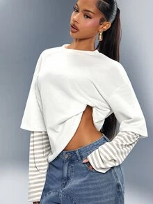 Denimoi Faux Layered Oversized Tshirt Fashionable Streetwear Tshirts Cold Weather Layering Cool Girl - White - View 1