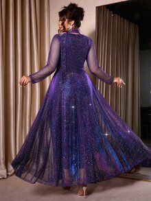 Cravure Plus Size Heavy Embellished Glitter Starry Sky Mesh Maxi Dress, V-Neck Tie Waist Evening Gown For Party - Purple - View 2
