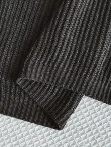 SHEIN EZwear 大尺碼休閒傳統寬鬆純色鈕扣開襟羅紋針織開襟衫，秋冬正式畢業度假棕色 - 深灰色 - 查看 3