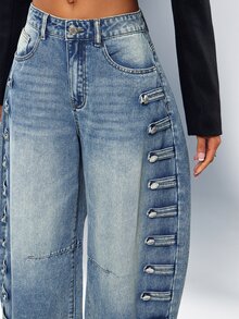 Denimoi Button Detail Barrel Jeans Fashion Jeans Cool Girl Outfits Fashion Denim Barrel Leg - Medium Wash - View 3