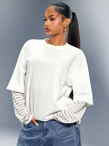Denimoi Faux Layered Oversized Tshirt Fashionable Streetwear Tshirts Cold Weather Layering Cool Girl - White - View 5