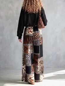 LUMIGAL Women's Leopard Print Geometric Pattern Wide Leg Pants, Casual Commute, Spring/Autumn - Multicolor - View 2