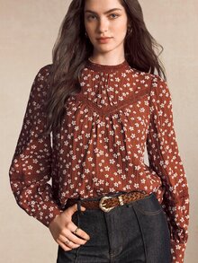 BizChic Women's All-Over Print Pleated Casual Daily Wear Top - Coffee Brown - View 2